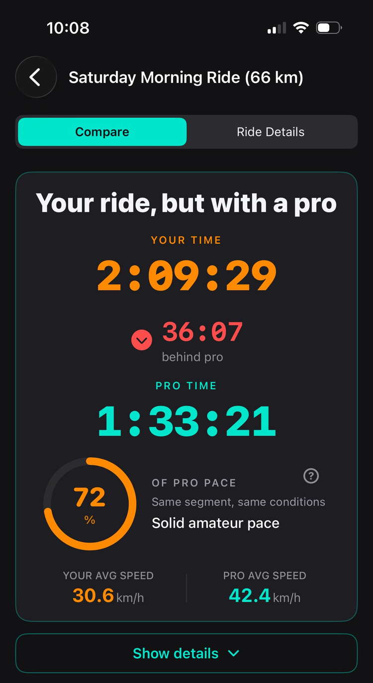 Compare result — your ride and the pro's simulated ride side by side, with the time delta
